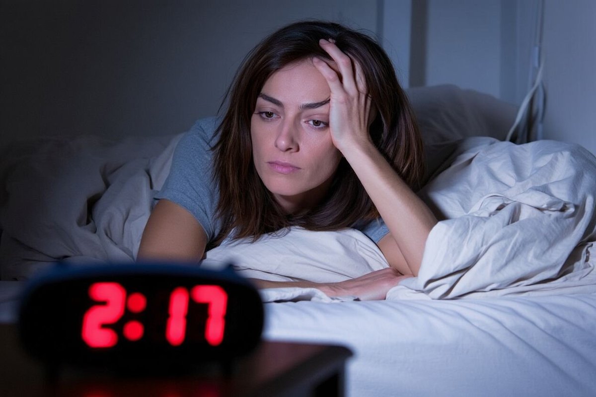 Person lying in bed, unable to sleep, staring at ceiling with a concerned expression